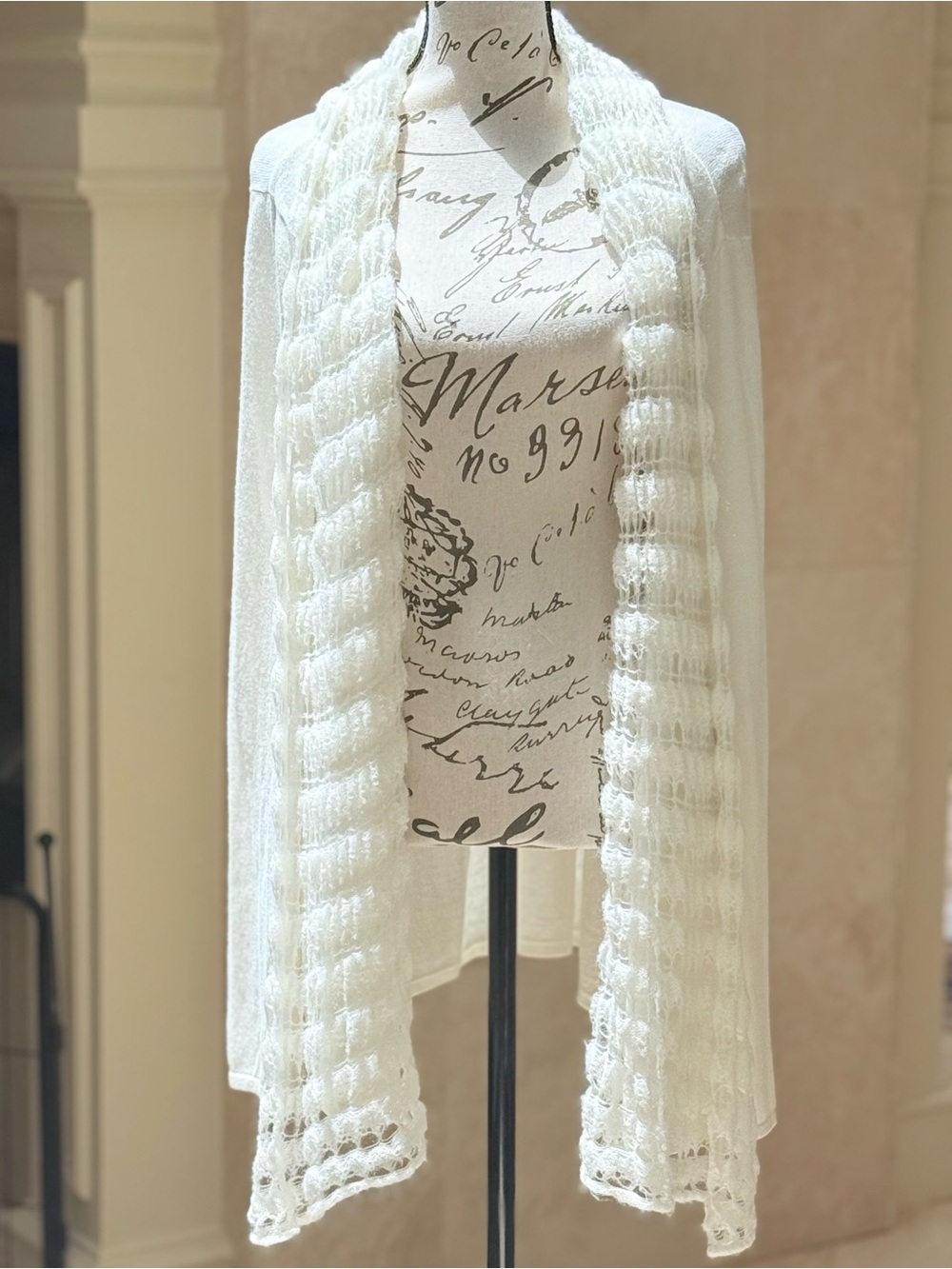 Dressbarn White Open Knit Lace Textured Cardigan Sweater Size XL EUC